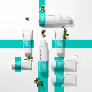 range of unisex skincare with super ingredients on a white and green stripes background
