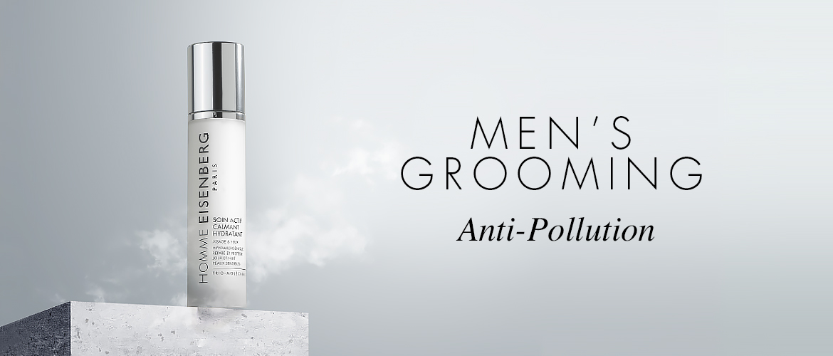 anti-pollution skincare for men with a grey sky background