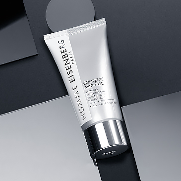 anti-ageing skincare for men on a graphic black and grey background 