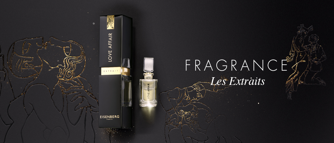 perfume extract against a black and golden illustrated background